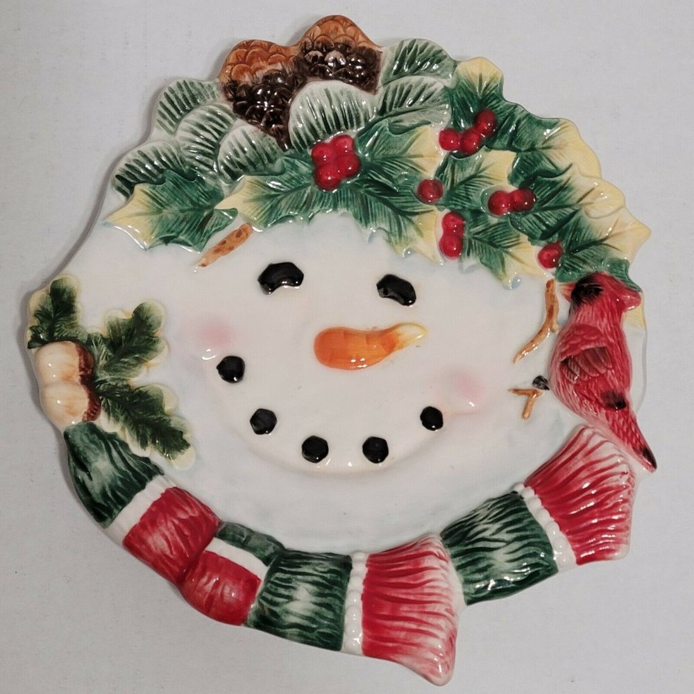 Woodland Christmas Snowman Plate 3D Ceramic